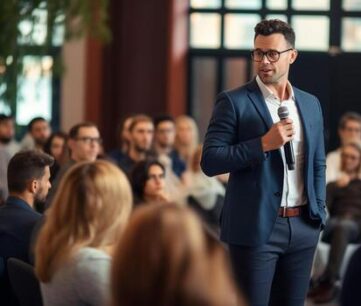 ai-generated-male-speaker-giving-a-talk-on-corporate-business-conference-unrecognizable-people-in-audience-at-conference-hall-business-and-entrepreneurship-event-photo